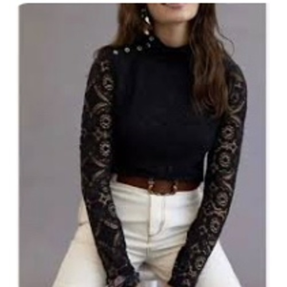 Maeve by Anthropologie Lace Mock Neck Top Women Small Black Shoulder Buttons